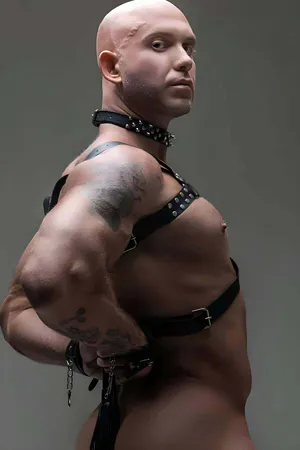 Black Faux Leather Chest Harness with Spiked Choker and Whip