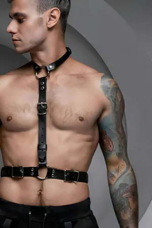Black Vegan Leather Body Harness Men Adjustable Straps Silver O-Ring Hardware