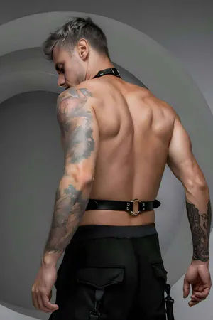 Black Vegan Leather Body Harness Men Adjustable Straps Silver O-Ring Hardware