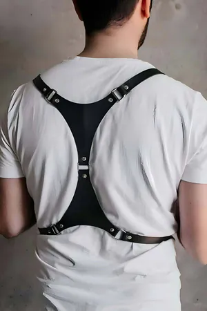 Black Faux Leather Chest Harness with Buckle Straps