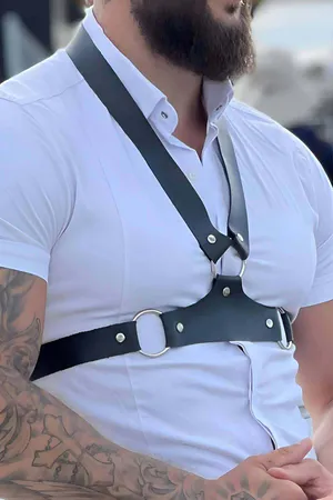 Black Faux Leather Chest Harness for Men with Silver O-Rings and Rivets