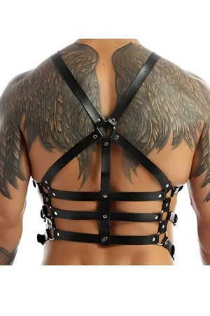 Black Faux Leather Chest Harness with Silver O-Rings