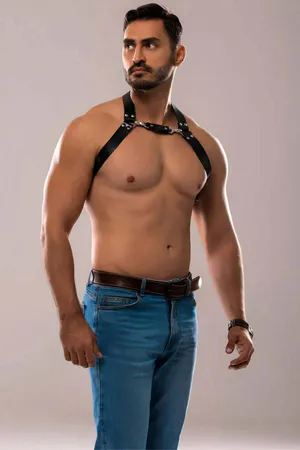 Black adjustable faux leather chest harness with O-ring and silver hardware