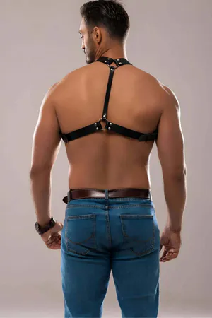 Black adjustable faux leather chest harness with O-ring and silver hardware