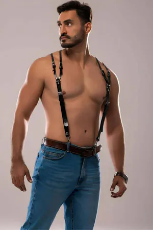 Black faux leather adjustable shoulder harness for men