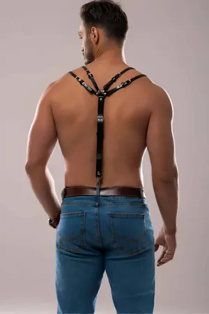 Black faux leather adjustable shoulder harness for men