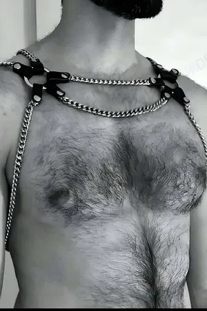 Black Faux Leather Chest Harness with Silver Curb Chains on a Model
