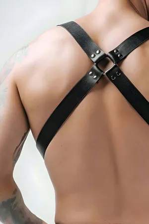 Black Faux Leather Body Harness with Silver Hardware Adjustable Straps