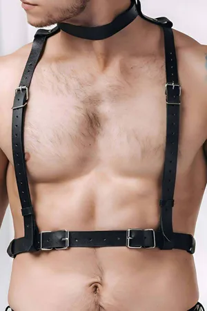 Black Faux Leather Chest Harness with Choker Adjustable Straps