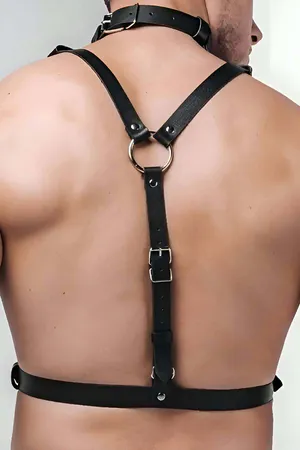 Black Faux Leather Chest Harness with Choker Adjustable Straps