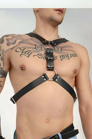 Black faux leather O-ring chest harness with adjustable straps