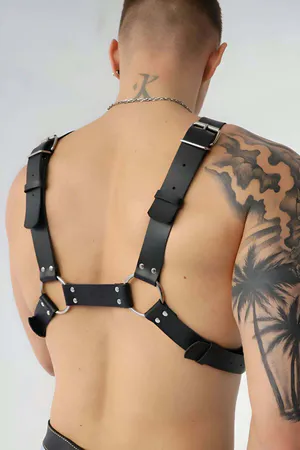 Black faux leather O-ring chest harness with adjustable straps
