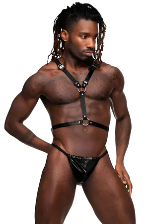 Black Faux Leather Chest Harness Men Adjustable Straps O-Ring Front View