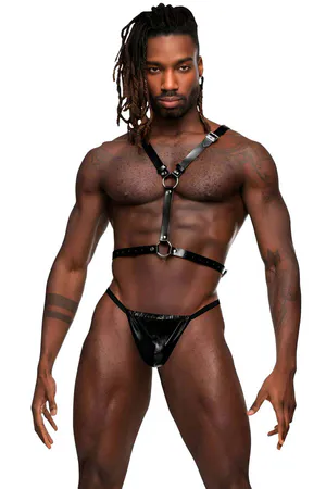 Black Faux Leather Chest Harness Men Adjustable Straps O-Ring Front View