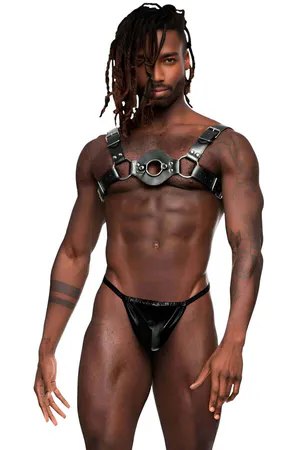 Black Faux Leather Harness with Center O-Ring Detail and Adjustable Straps