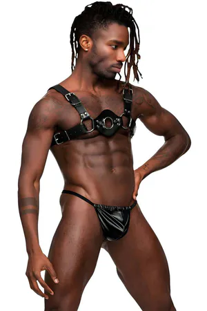 Black Faux Leather Harness with Center O-Ring Detail and Adjustable Straps