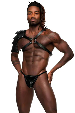 Black Faux Leather Armored Shoulder Harness with O-Ring Chest Strap