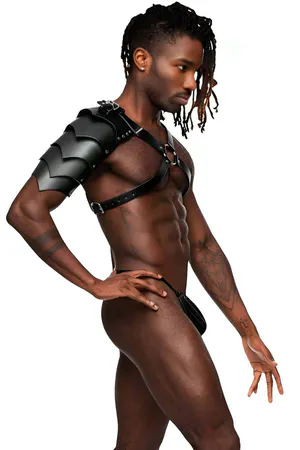 Black Faux Leather Armored Shoulder Harness with O-Ring Chest Strap