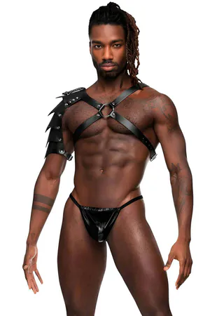 Black Faux Leather Armored Shoulder Harness with O-Ring Chest Strap