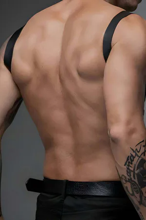 Black adjustable chest harness with O-ring accent and metal buckle