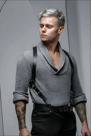 Adjustable black faux leather chest harness with metal clasps worn by a man over a grey sweater.