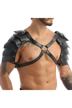 Black Faux Leather Harness with Tiered Shoulder Armor and Rivets