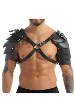 Black Faux Leather Harness with Tiered Shoulder Armor and Rivets