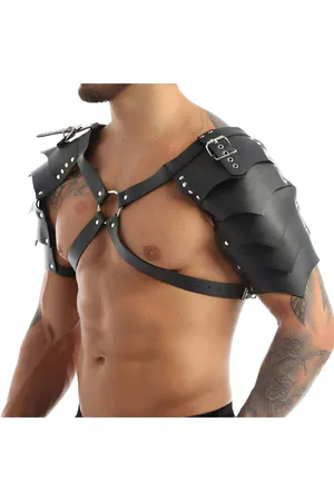 Black Faux Leather Harness with Tiered Shoulder Armor and Rivets