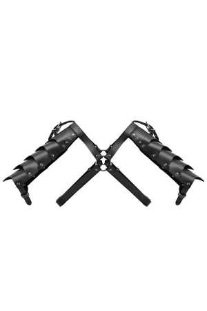 Black Faux Leather Harness with Tiered Shoulder Armor and Rivets
