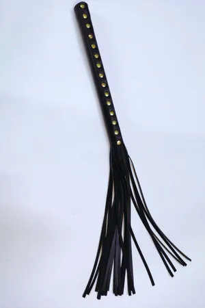 Black Faux Leather Tassel Whip Studded Handle Flowing Strips