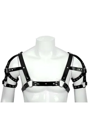 Black Faux Leather Body Harness with Adjustable Arm Straps and O-Rings