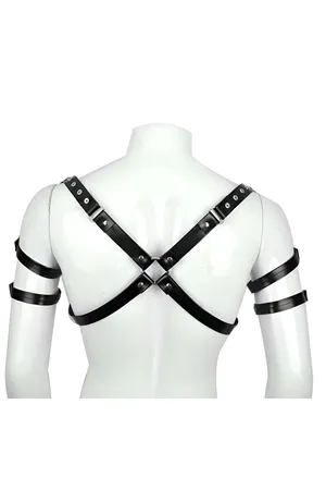 Black Faux Leather Body Harness with Adjustable Arm Straps and O-Rings