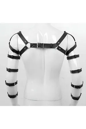 Black faux leather arm harness with shoulder straps and adjustable buckles
