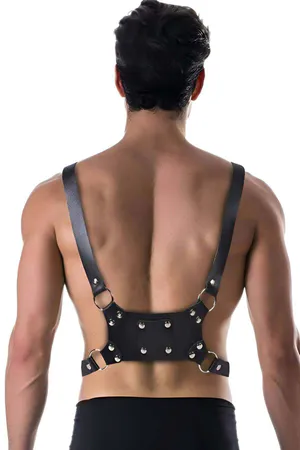 Black adjustable chest harness with O-ring detail and buckle closure
