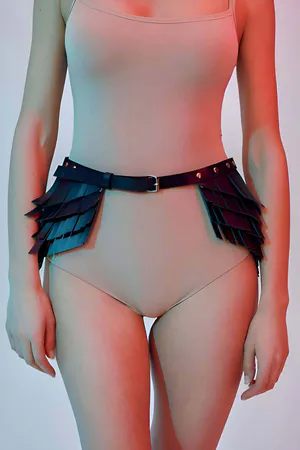 Black Faux Leather Scaled Waist Harness Skirt Layered Panels