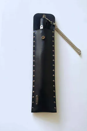 Black Vegan Leather Decorative Whip Studded Sheath Silver Chain