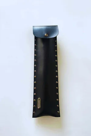 Black Vegan Leather Decorative Whip Studded Sheath Silver Chain