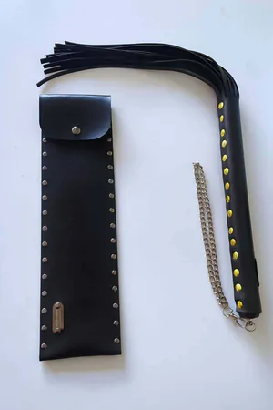 Black Vegan Leather Decorative Whip Studded Sheath Silver Chain