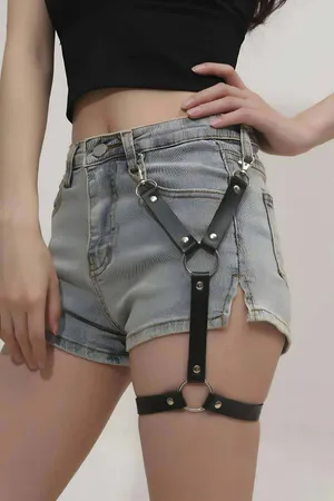 Black Faux Leather Single Leg Garter Harness Women Adjustable Straps