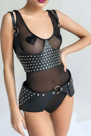 Black Faux Leather Studded Chest Harness and Skirt Belt Set for Women
