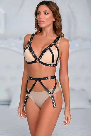 Black Faux Leather Harness Bra and Garter Set for Women Adjustable Straps
