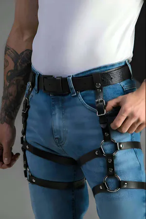 Black Faux Leather Leg Harness with Silver O-Rings Adjustable Straps