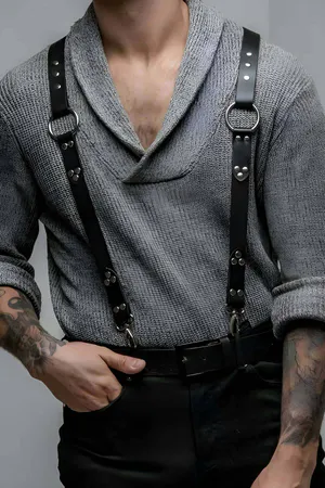 Black Faux Leather Suspender Harness with O-Rings over Grey Sweater