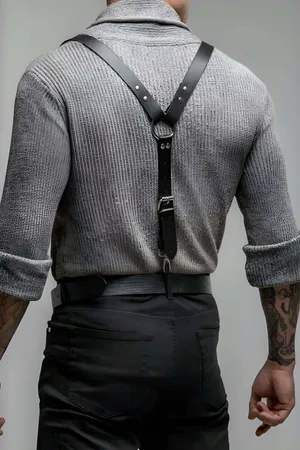 Black Faux Leather Suspender Harness with O-Rings over Grey Sweater