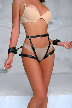 Black Faux Leather Thigh Harness with Wrist Cuffs for Women