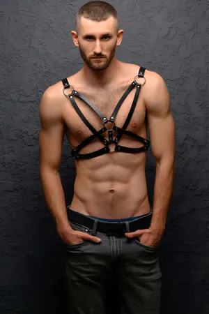 Black Faux Leather Chest Harness with O-Rings