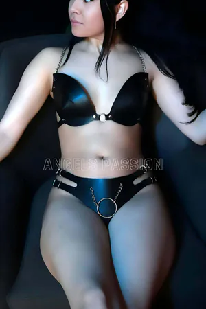 Black Faux Leather Bra and Panty Chain Harness Set Front View