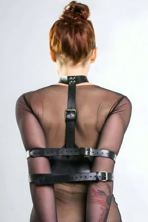 Black Faux Leather Halter Neck Harness Women Adjustable Arm Cuffs