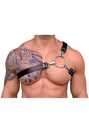 Black Faux Leather O-Ring Chest Harness with Adjustable Straps Silver Hardware