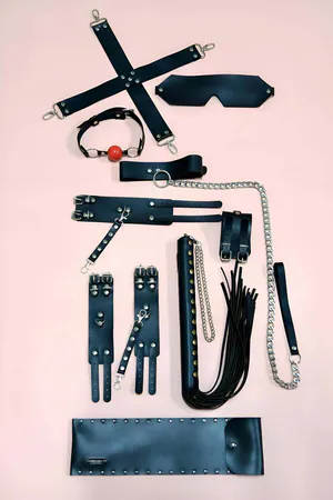 Black Faux Leather Accessory Set with Cuffs, Blindfold, Flogger Whip and Spreader Bar